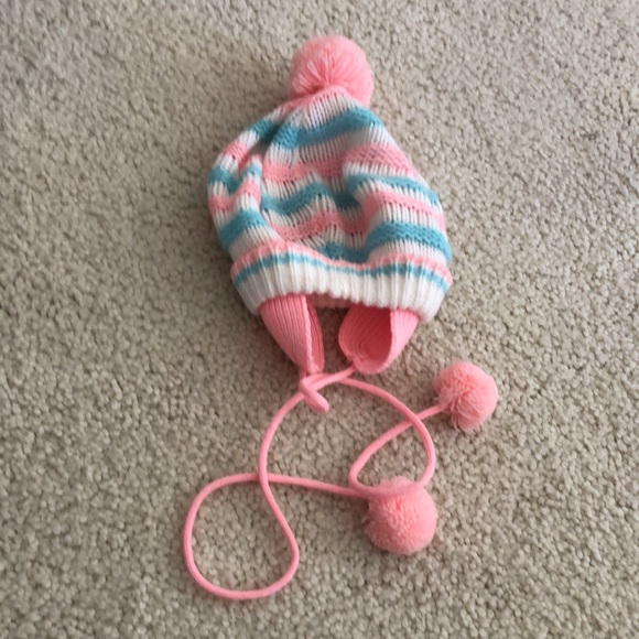 NWOT BABY KNIT HAT ear flaps and pom pom tie pink  white blue 0-3 months - Picture 9 of 12